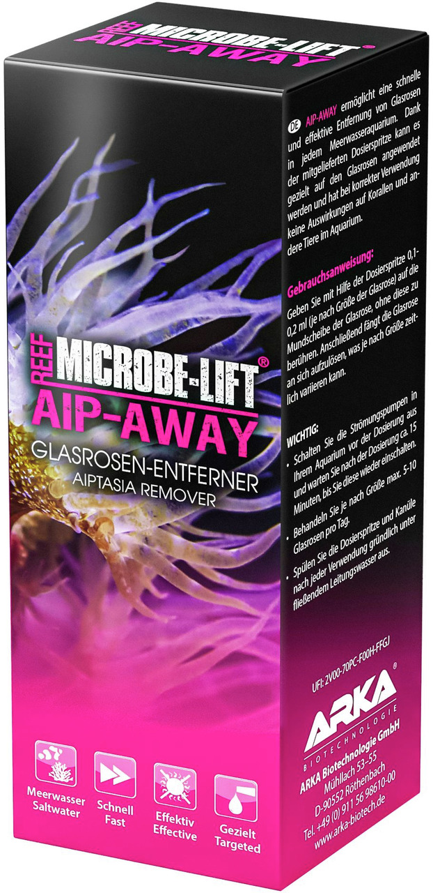 Bildbeschreibung: Die Verpackung des Produkts „MICROBE-LIFT AIP-AWAY“ von ARKA Biotechnologie ist abgebildet. Es handelt sich um einen Glasrosen-Entferner für Meerwasseraquarien. Die Zielgruppe sind Aquarienbesitzer. Die Verpackung zeigt eine violette Gla