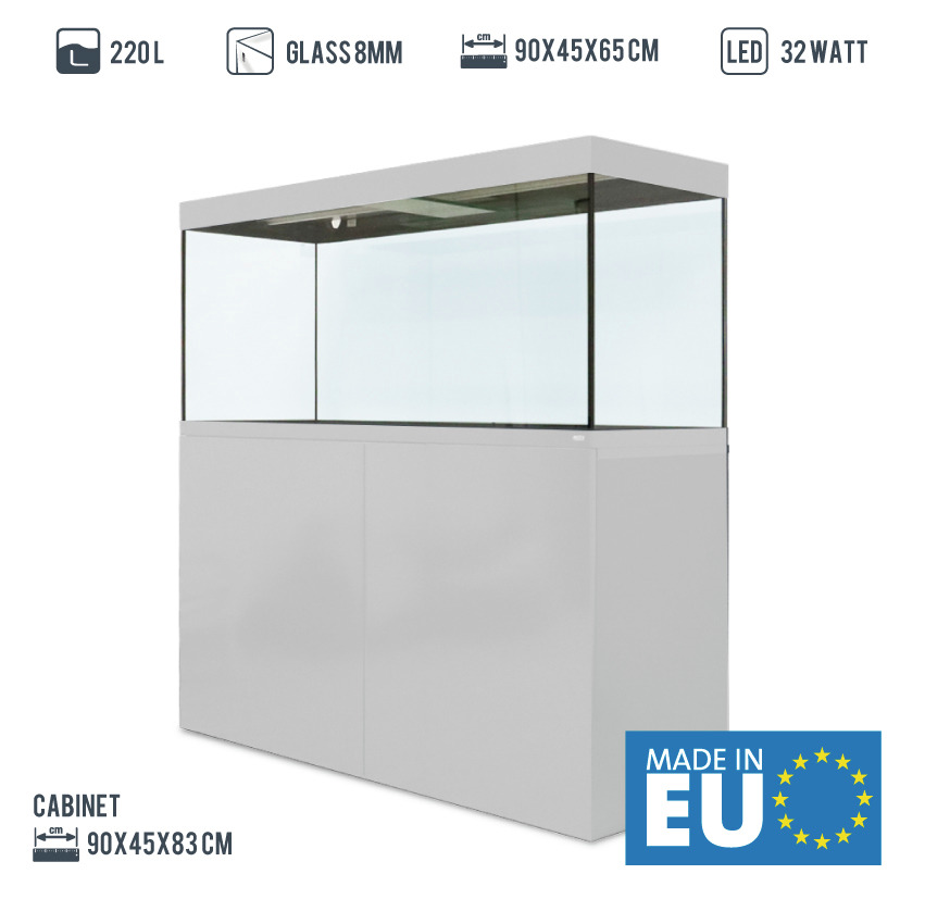 Amtra Aquarium-Set, 220 L, 90x45x65 cm, LED 32 W, Unterschrank 90x45x83 cm, 8 mm Glas, modern, hergestellt in der EU.