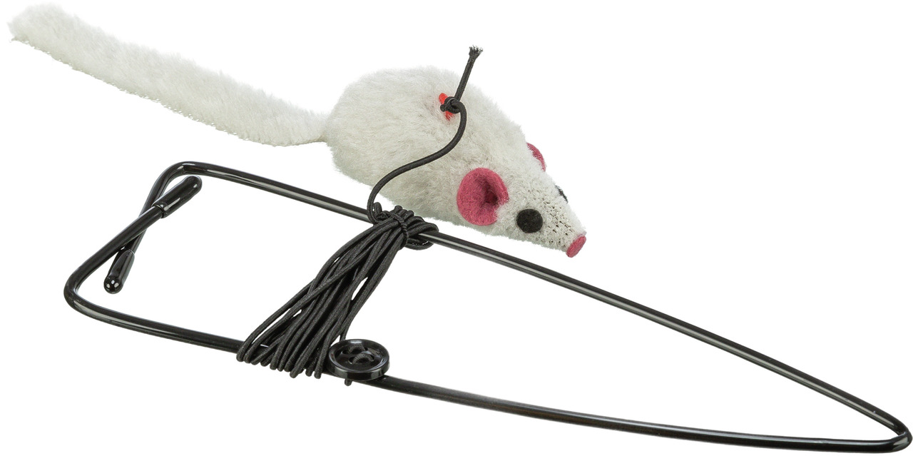 TRIXIE Spielmaus mit Metallfeder, interaktives Katzenspielzeug, weiße Plüschmaus, rosa Ohren, schwarzer Schwanz, fördert Bewegung.