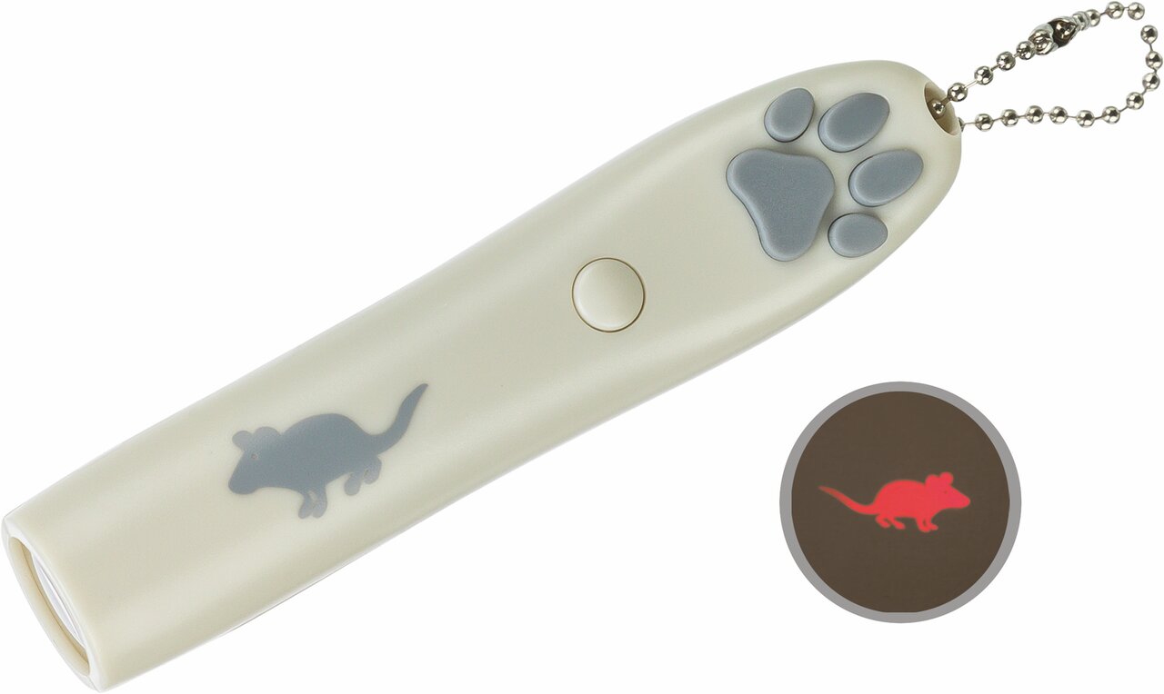TRIXIE LED-Pointer für Katzen mit Mäusemotiv, interaktives Spielzeug, beige mit Kette, ideal für aktive Spielstunden.