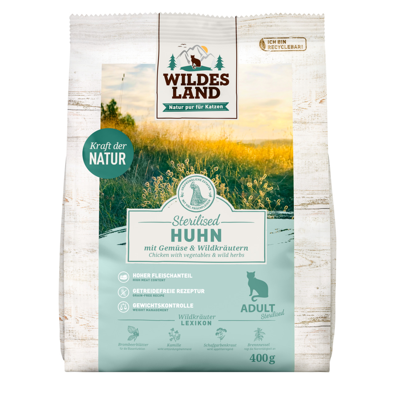 Wildes Land Sterilised Huhn m. Gemüse & Wildkräutern, für sterilisierte erw. Katzen, getreidefrei, Gewichtskontrolle, 400 g.