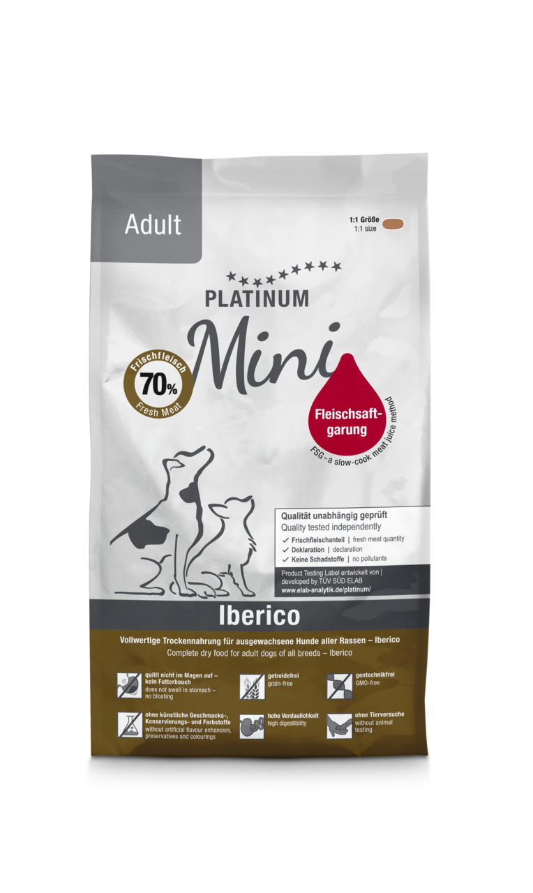 PLATINUM Mini Adult Iberico: Trockenfutter f. kl. Hunde, 70% Frischfleisch, getreide--gentechnikfrei, leicht verdaulich, ohne Zusätze.