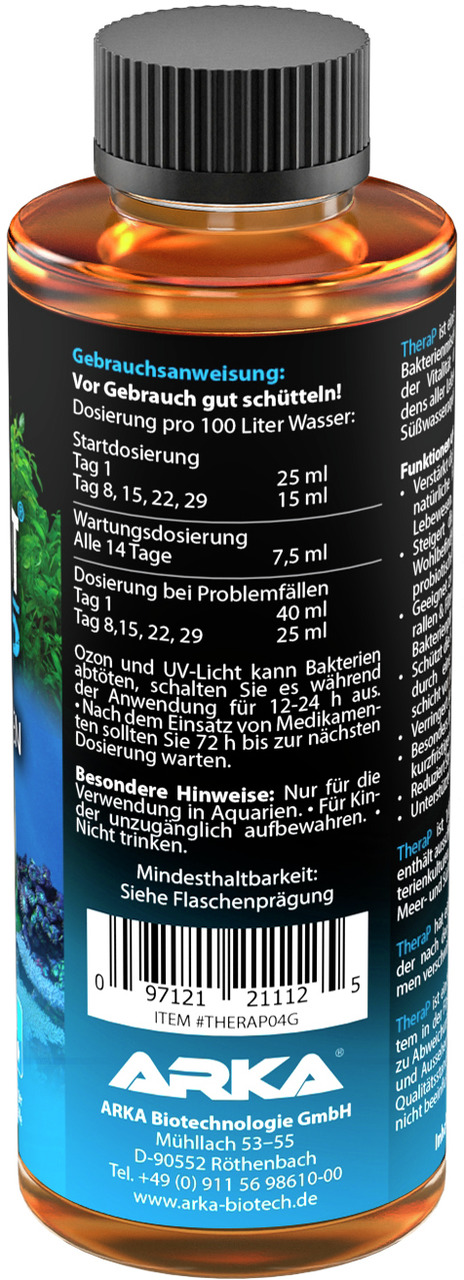 Das Bild zeigt eine Flasche des Produkts "MICROBE-LIFT TheraP" der Marke ARKA Biotechnologie. Es handelt sich um ein Wasserpflegemittel für Aquarien, geeignet für Süß- und Meerwasseraquarien. Die Flasche enthält 473 ml. Das Produkt fördert die biologische