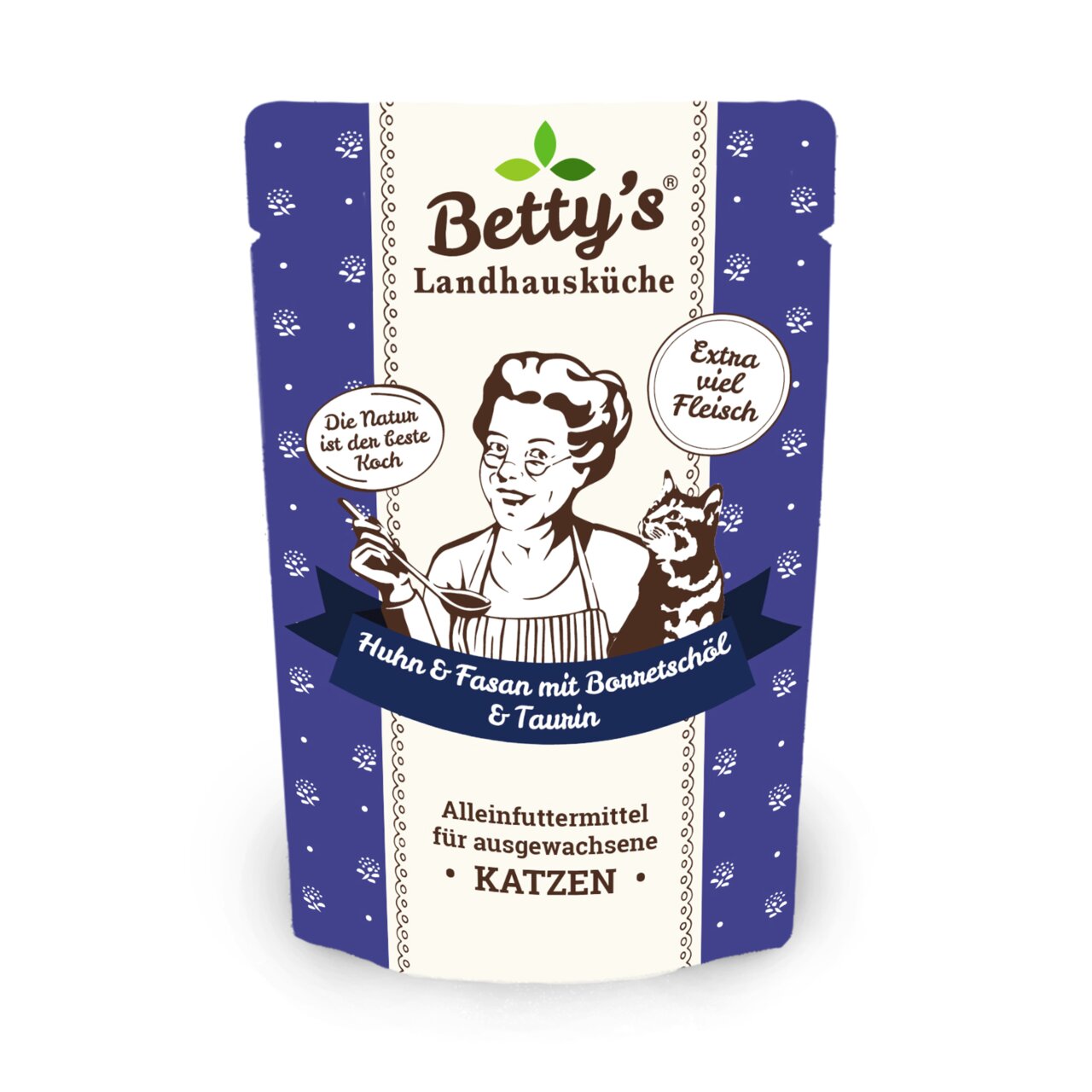 Betty's Landhausküche Katzen-Nassfutter für ausgewachsene Katzen, Huhn & Fasan mit Borretschöl und Taurin, extra viel Fleisch.
