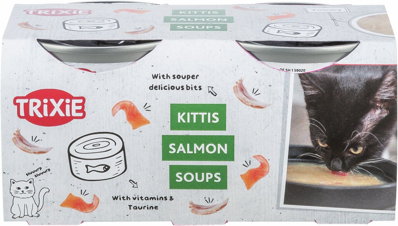 Verpackung von TRIXIE Kittis Salmon Soups für Katzen, Lachs-Geschmack, mit Vitaminen und Taurin, 4 x 40 g, schwarze Katze abgebildet.