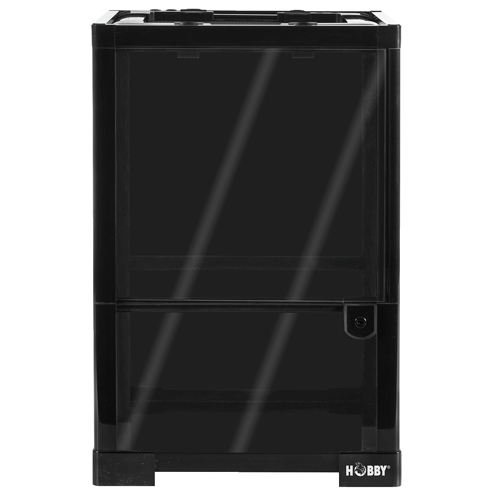 HOBBY Terrarium, schwarz, für Reptilien & Amphibien, Glasterrarium mit Fronttür & Schloss, stabil, klar, ideal für Tierliebhaber.