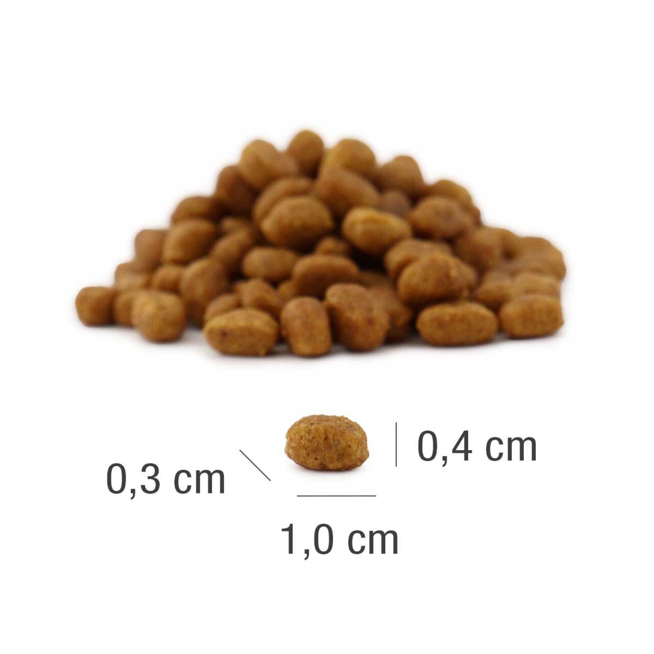 Ein Haufen PLATINUM-Trockenfutter für Hunde. Zielgruppe: Hunde. Geschmacksrichtung: Huhn. Gezeigte Maße: 1,0 x 0,4 x 0,3 cm.