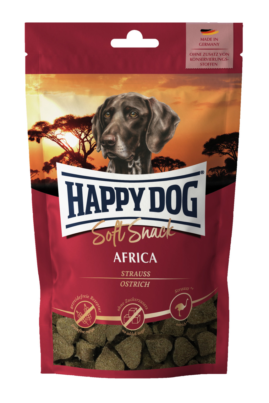 HAPPY DOG Soft Snack Africa, Hundesnack Strauß, für ernährungssensible Hunde, 100 g, Made in Germany, ohne Konservierungsstoffe.