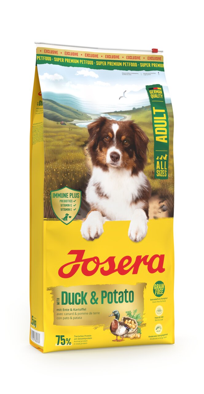 Josera Duck & Potato, 15 kg, Hundefutter f. ausgew. Hunde, getreidefrei, Ente & Kartoffel, 75 % tier. Protein, mit Präbiotika & Vit. E.