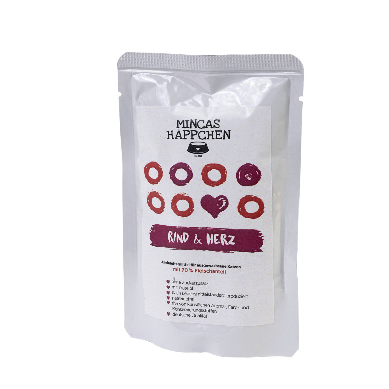 MINCAS HÄPPCHEN Rind & Herz, Alleinfutter f. erw. Katzen, 70 % Fleisch, ohne Zucker, getreidefrei, mit Distelöl, 100 g.