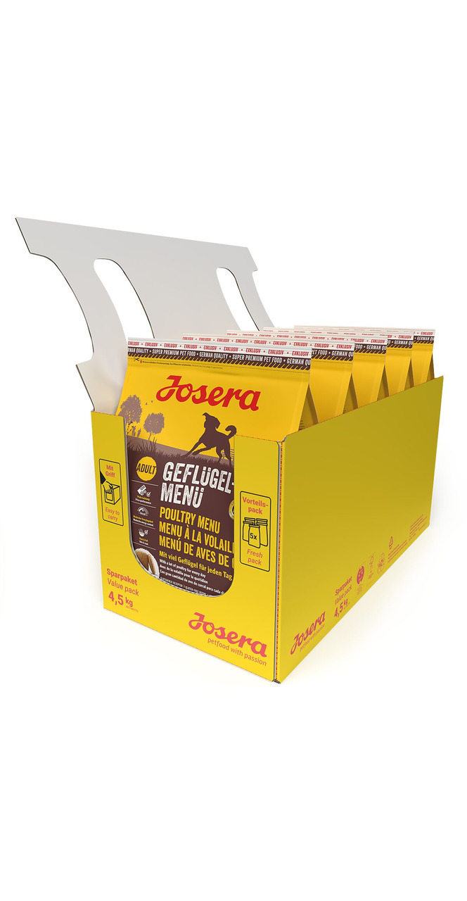 Josera Geflügel Menü, Hundefutter f. erwachsene Hunde, Geschmack Geflügel, Vorteilspack 4,5 kg (5 Frischebeutel), frisch & praktisch.