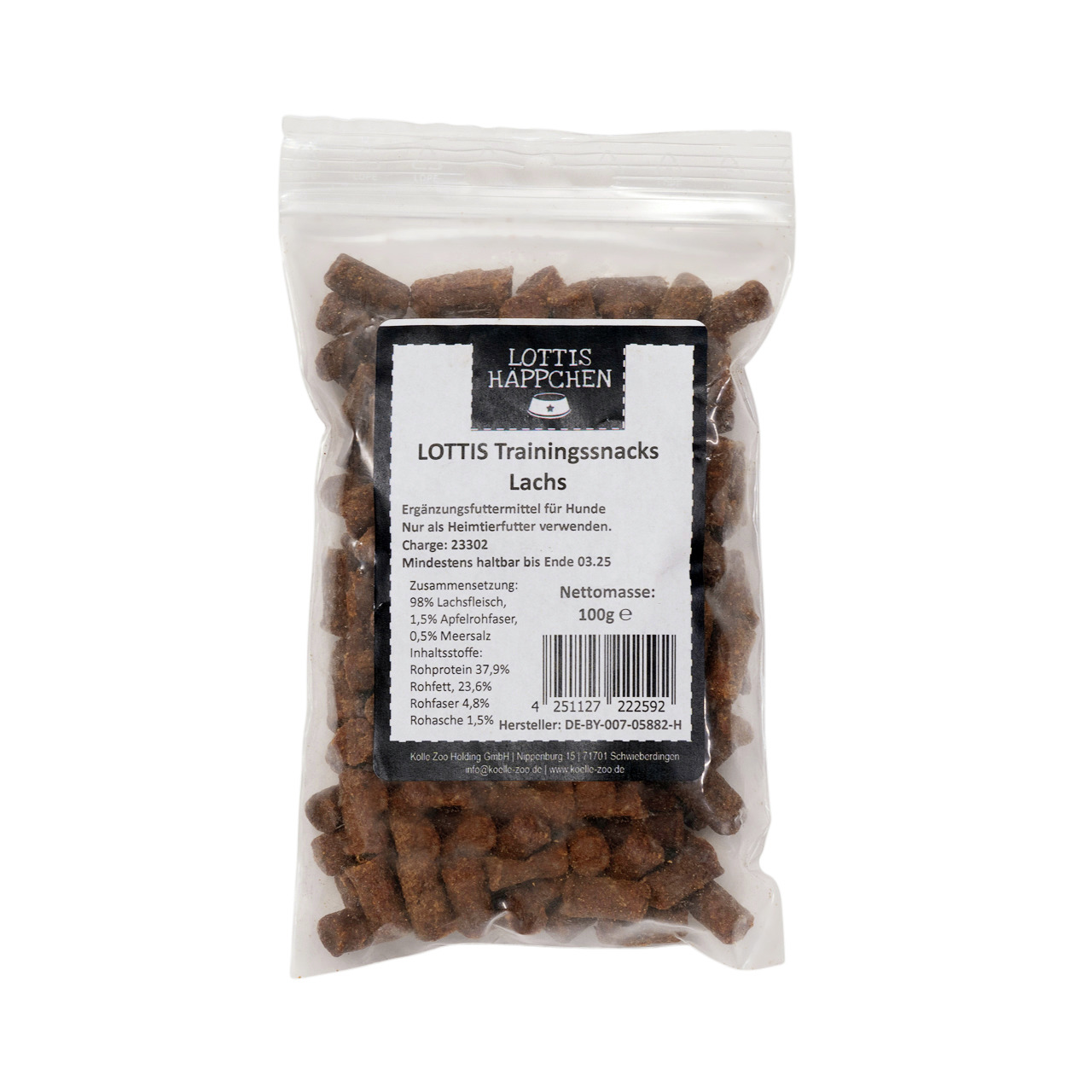 LOTTIS HÄPPCHEN Trainingssnacks für Hunde, Lachs, 98 % Lachs, 100 g, mind. haltbar bis 03/25.