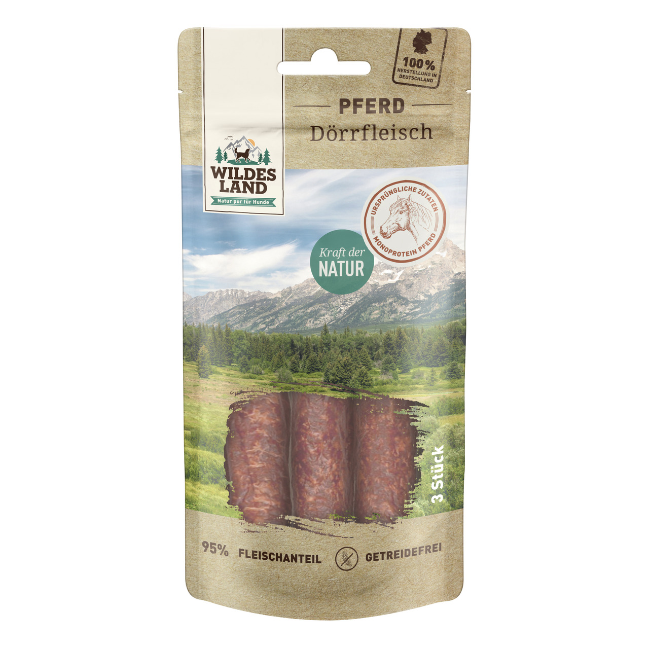 Wildes Land Pferd Dörrfleisch, Hundesnack f. erw. Hunde, Pferd, 95 % Fleisch, getreidefrei, Monoprotein, 3 Stk., natürliche Zutaten.