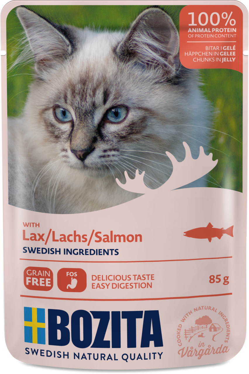 Bozita Häppchen in Gelee, Lachs, Katzen, 85 g, 100 % tierisches Protein, getreidefrei, leicht verdaulich, nat. Zutaten, Schweden.