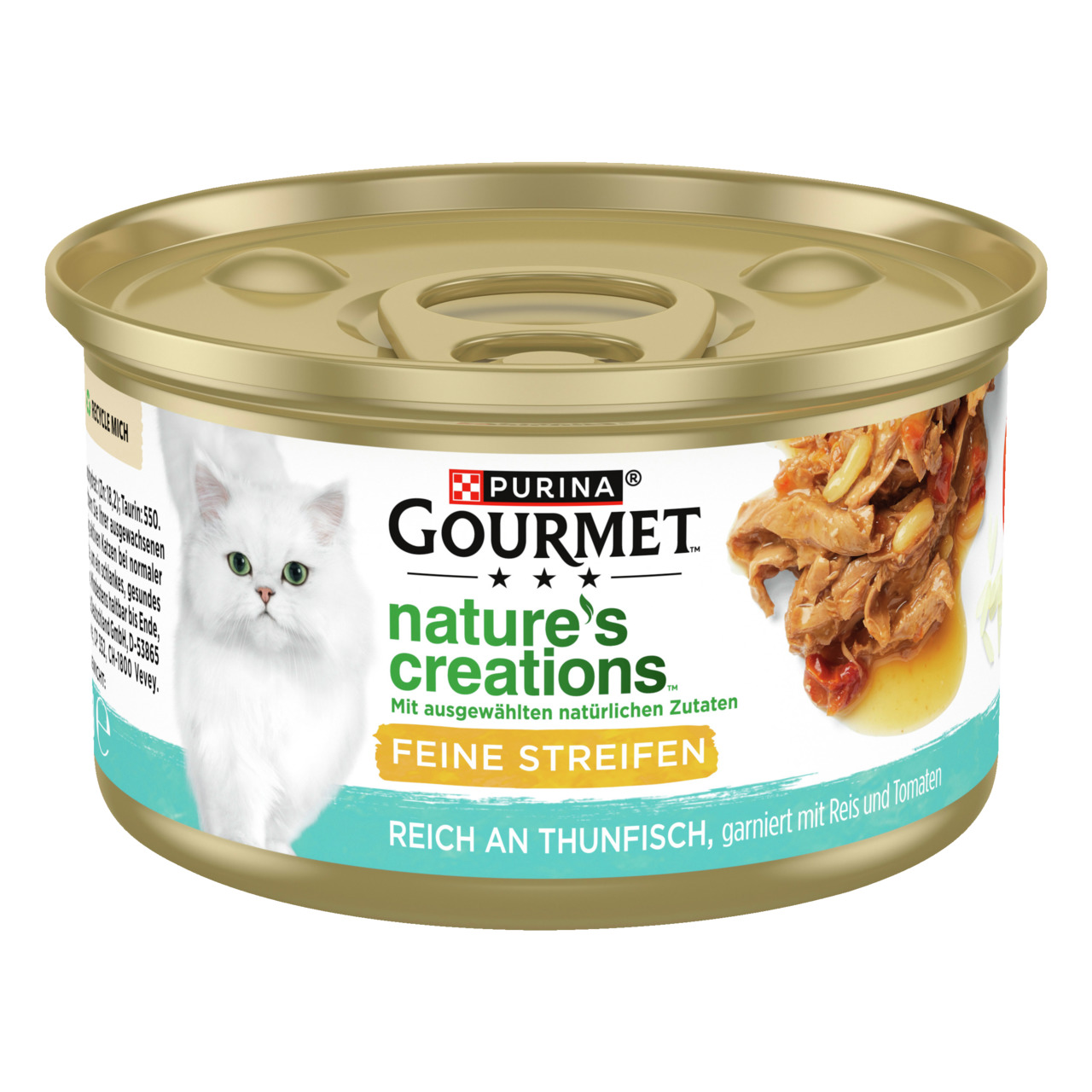 Das Bild zeigt eine goldfarbene Dose des Katzenfutters „Purina Gourmet Nature's Creations Feine Streifen“. Die Zielgruppe sind Katzen. Die Geschmacksrichtung ist Thunfisch, garniert mit Reis und Tomaten. Auf der Verpackung steht „Mit ausgewählten natürlic