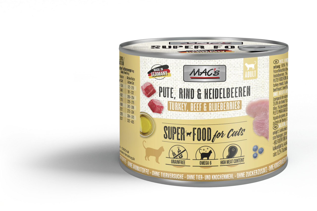 MAC's Katzenfutter, Pute-Rind-Heidelbeeren, für erw. Katzen, 200 g, getreidefrei, reich an Omega-6, ohne Zucker, Knochenmehl & Konservierungsst.