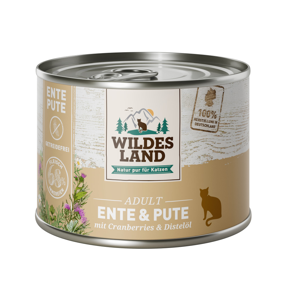 Wildes Land Katzenfutter Ente & Pute, für erw. Katzen, getreidefrei, mit Cranberries & Distelöl, 68 % Fleisch, 200 g, Made in Germany.