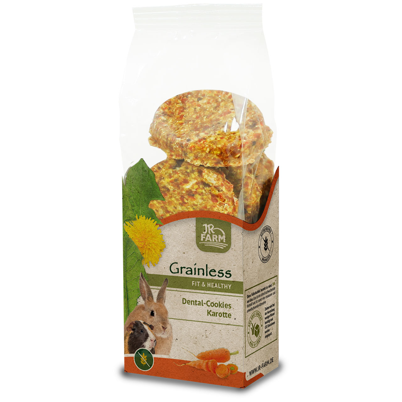 JR FARM Grainless Dental-Cookies Karotte, für Kaninchen & Meerschweinchen, Geschmack Karotte, „Fit & Healthy“, runde Kekse.