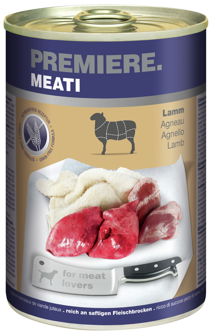 Das Bild zeigt eine Dose Hundefutter der Marke PREMIERE mit der Produktlinie MEATI in der Geschmacksrichtung Lamm. Die Zielgruppe sind Hunde, und das Produkt ist als getreidefreie Rezeptur gekennzeichnet. Auf der Dose sind saftige Fleischstücke abgebildet