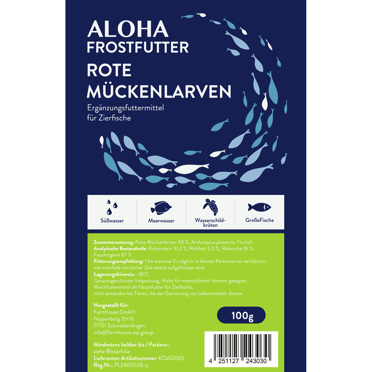 Das Bild zeigt die Verpackung des Produkts "ALOHA Frostfutter Rote Mückenlarven", ein Ergänzungsfuttermittel für Zierfische. Geeignet für Süßwasser- und Meerwasserfische sowie Wasserschildkröten und große Fische. Enthält 100 g rote Mückenlarven. Marke: AL
