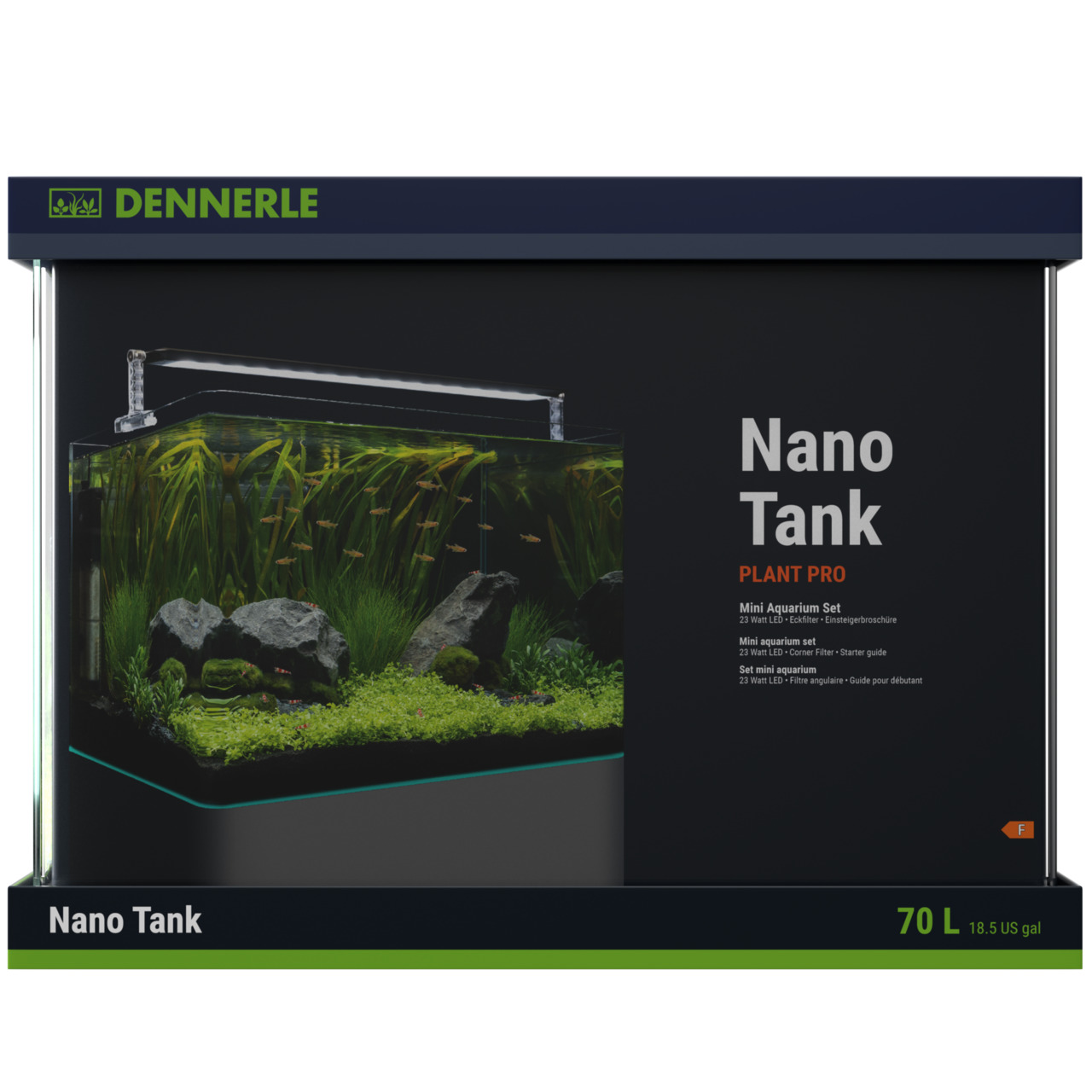 Das Bild zeigt das Produkt "DENNERLE Nano Tank Plant Pro", ein Mini-Aquarium-Set mit einem Fassungsvermögen von 70 Litern. Es ist für Aquaristik-Enthusiasten geeignet und enthält eine 23-Watt-LED-Beleuchtung, einen Eckfilter und eine Starterbroschüre. Das