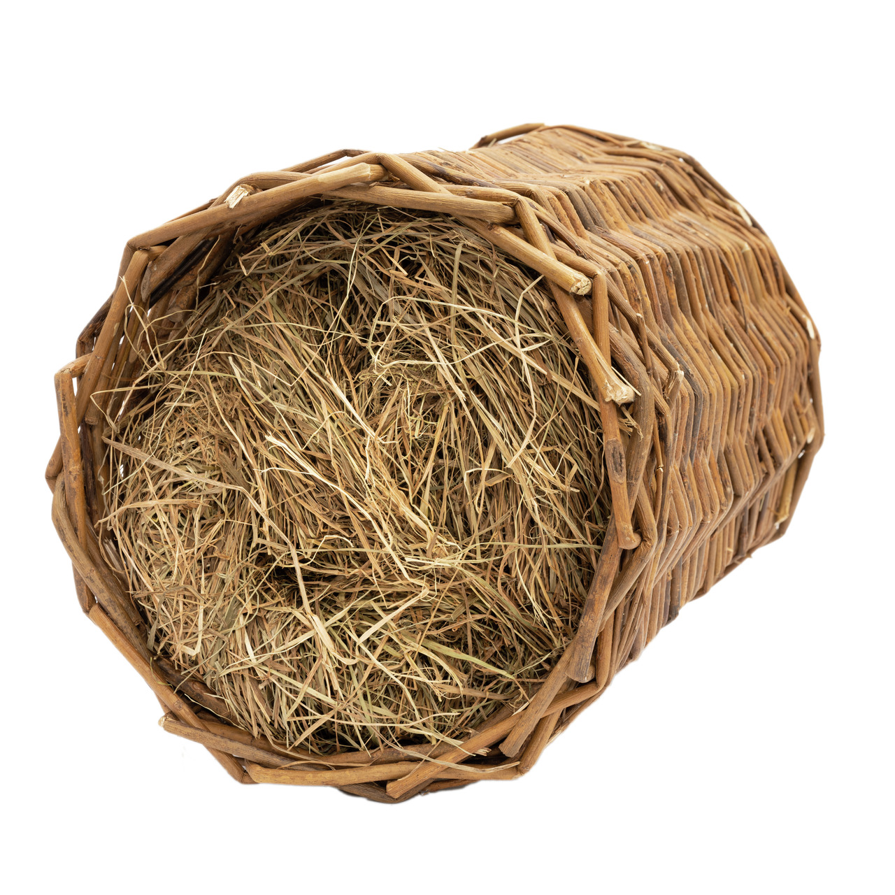 Das Bild zeigt das Produkt „Lottis Freunde Heutunnel“ für Kleintiere wie Kaninchen und Meerschweinchen. Der Tunnel besteht aus geflochtenen Naturweiden und ist mit duftendem Heu gefüllt. Er dient als Versteck, Spielzeug und Futterquelle. Die Menge des Heu