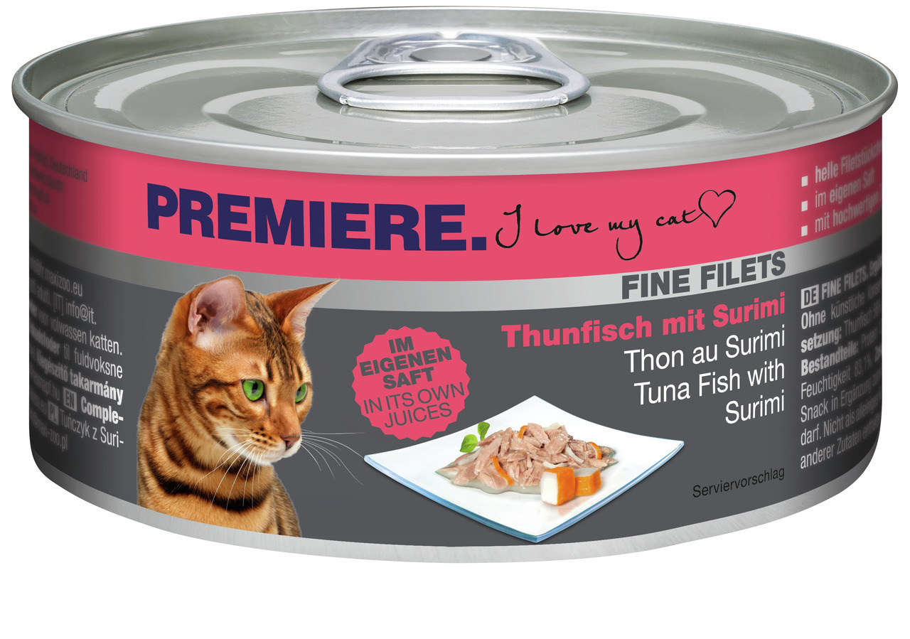 PREMIERE Fine Filets „Thunfisch mit Surimi“, Katzenfutter, 85 g, Thunfisch in eigenem Saft mit Surimi, „I love my cat“.