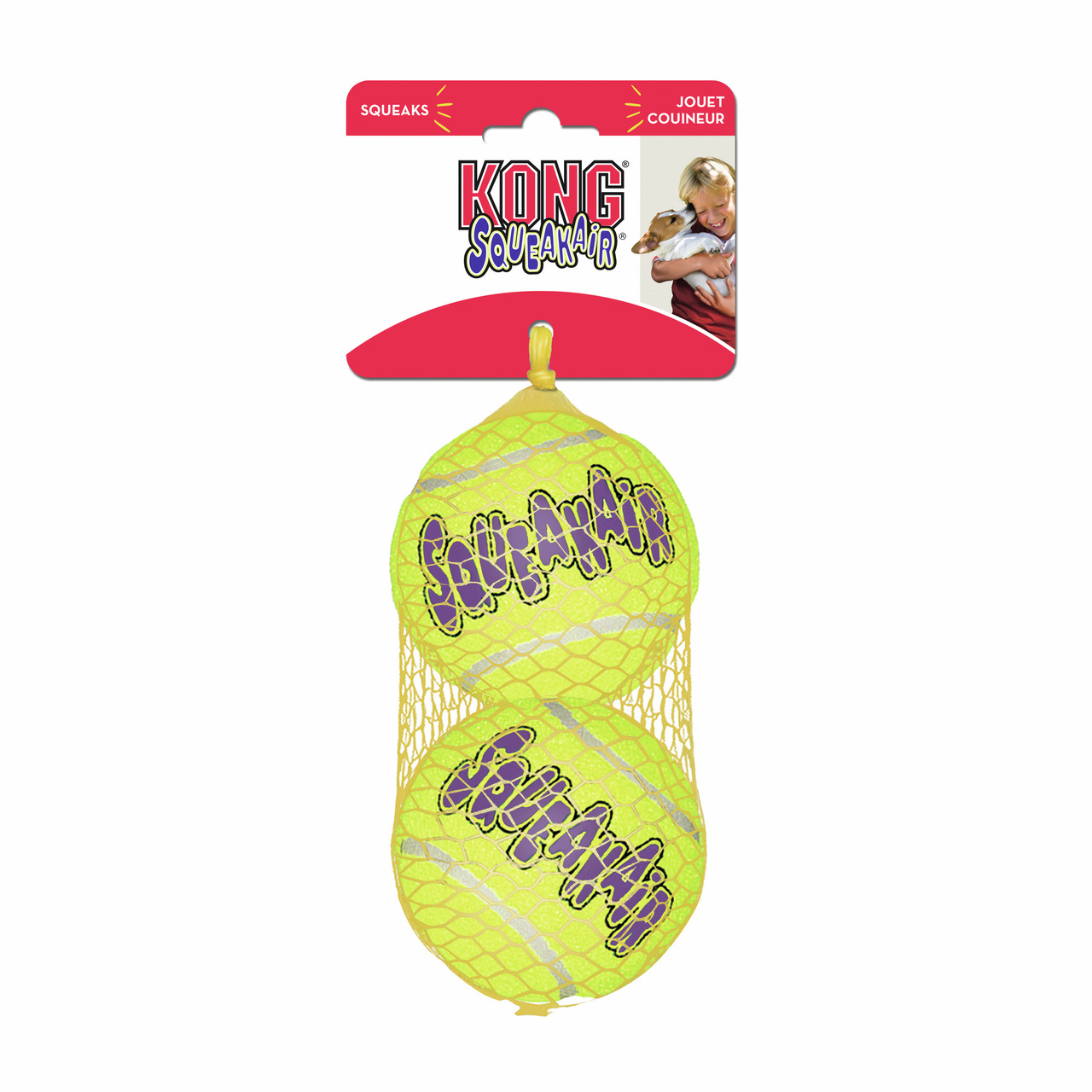 Das Bild zeigt zwei gelbe Tennisball-ähnliche Hundespielzeuge der Marke KONG aus der Produktreihe "SqueakAir". Die Zielgruppe sind Hunde, und das Produkt kombiniert einen Tennisball mit einem Quietscher für interaktives Spielen. Die Bälle sind in einem Ne