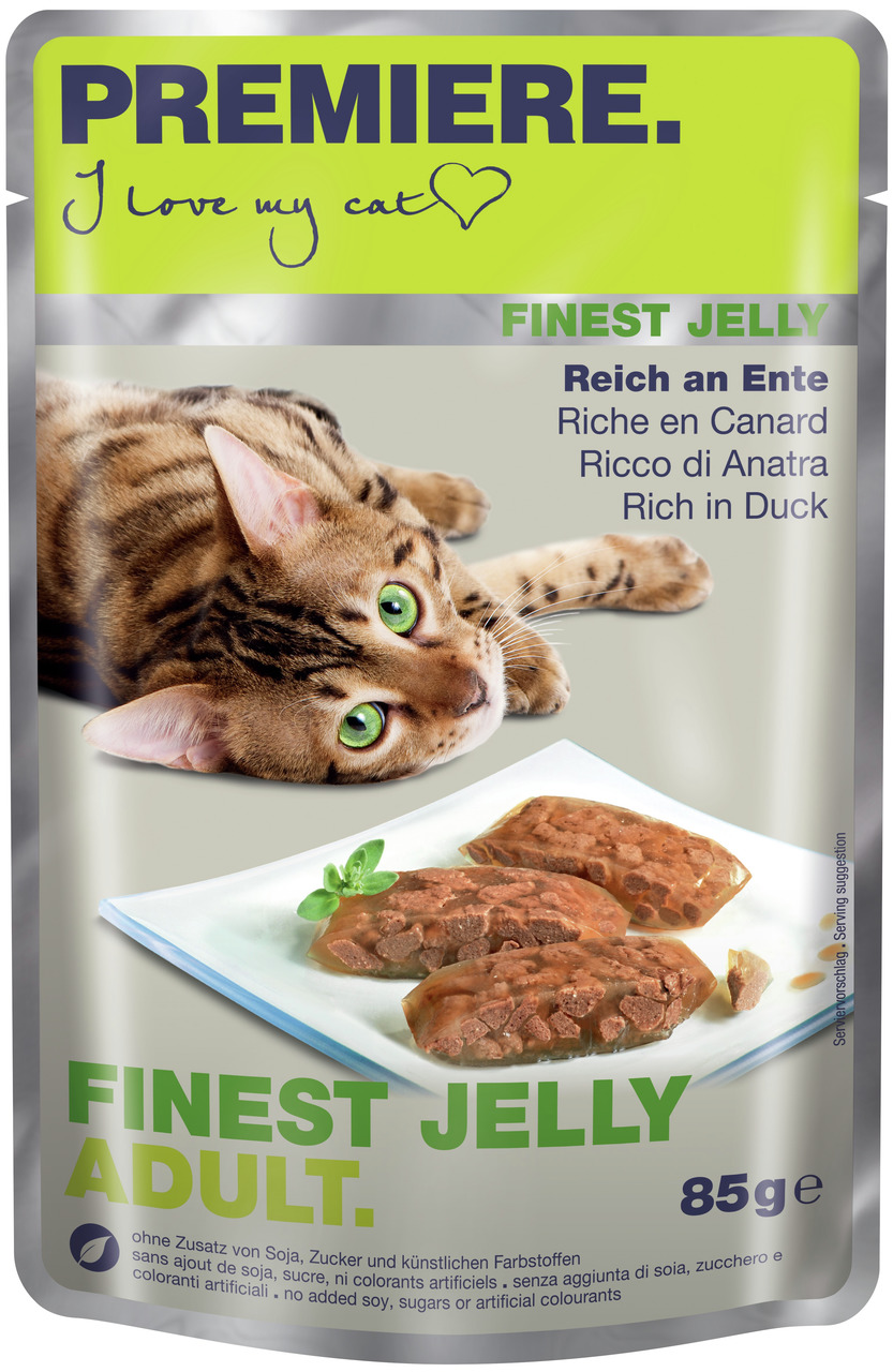 PREMIERE Finest Jelly Adult, Ente, für erwachsene Katzen, ohne Soja-Zucker-Farbstoffe, 85 g.