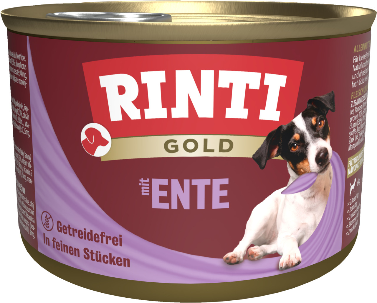 RINTI Gold Hundefutter, Ente, getreidefrei, feine Stücke, für Hunde.