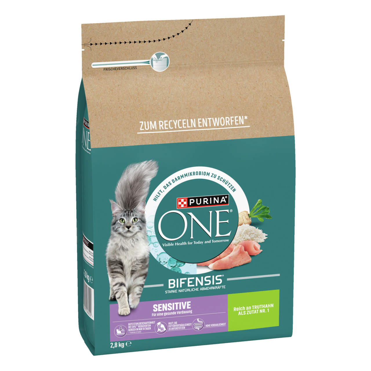 Purina ONE Bifensis Sensitive, 2,8 kg, für Katzen mit empfindl. Verdauung, Truthahn, recycelbar, schützt Darmmikrobiom.