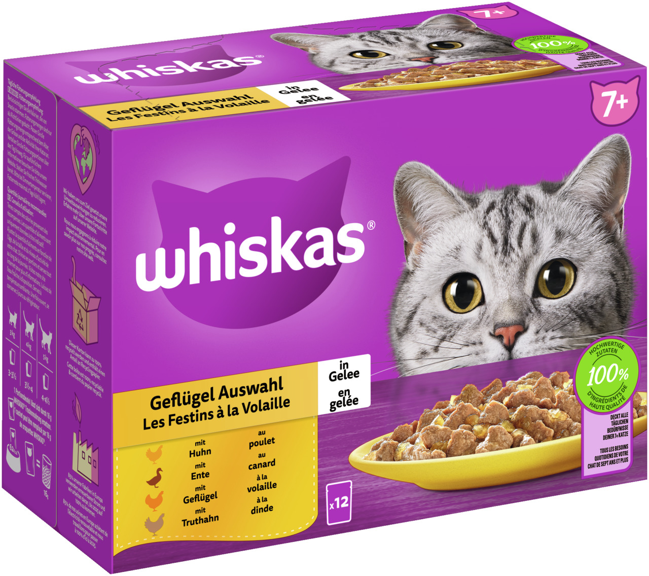 Whiskas Katzenfutter ab 7 J., Geflügel Auswahl in Gelee (Huhn, Ente, Geflügel, Truthahn), 12 Beutel, 100 % hochwertige Zutaten.