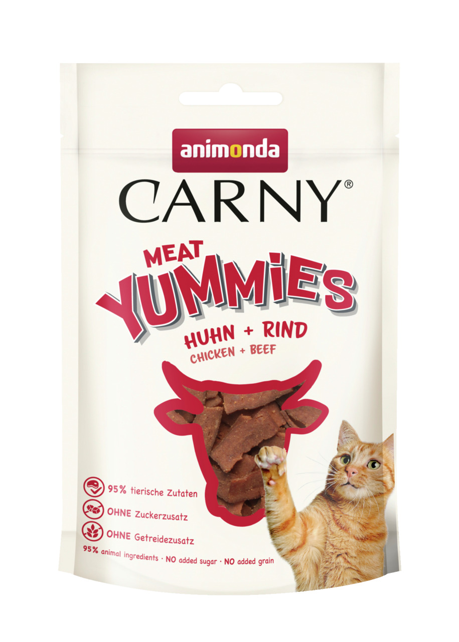 Animonda Carny Meat Yummies, Katzen, Huhn & Rind, 95 % tierische Zutaten, ohne Zucker/Getreide, 125 g.