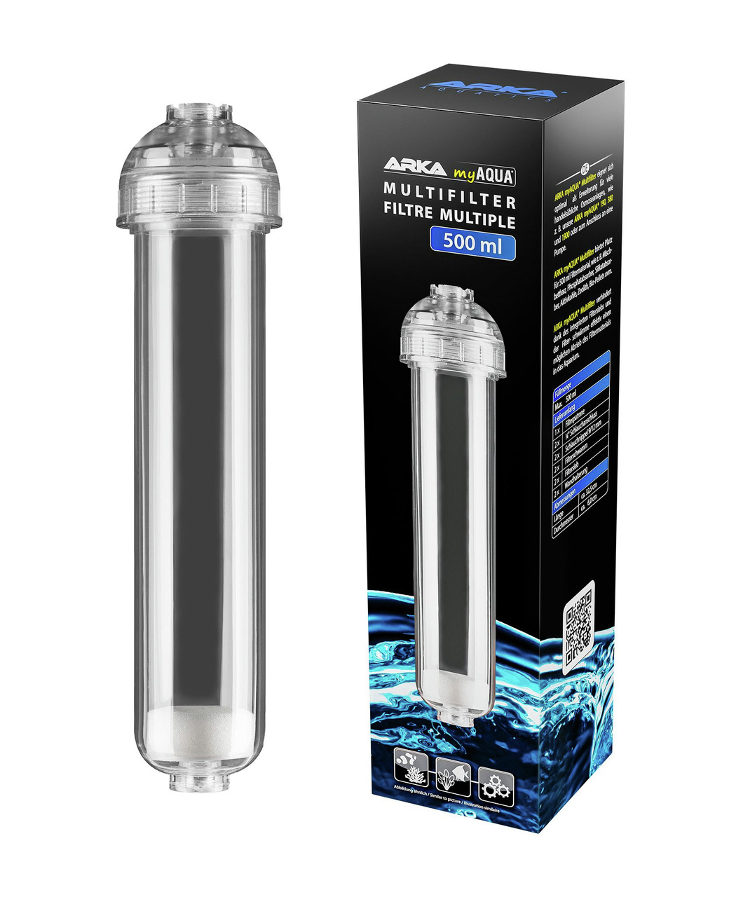 ARKA myAqua Multifilter, 500 ml, für Wasseraufbereitung, modernes Design, inkl. Filterzylinder & Verpackung mit Infos.