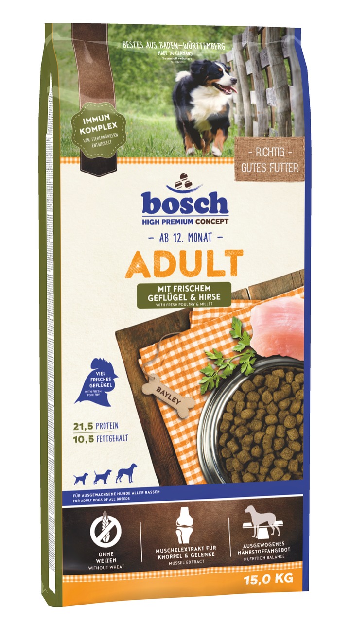 Bosch High Premium Concept Hundefutter, 15 kg, für Hunde ab 12 Mon., frisches Geflügel & Hirse, weizenfrei, unterstützt Gelenke.