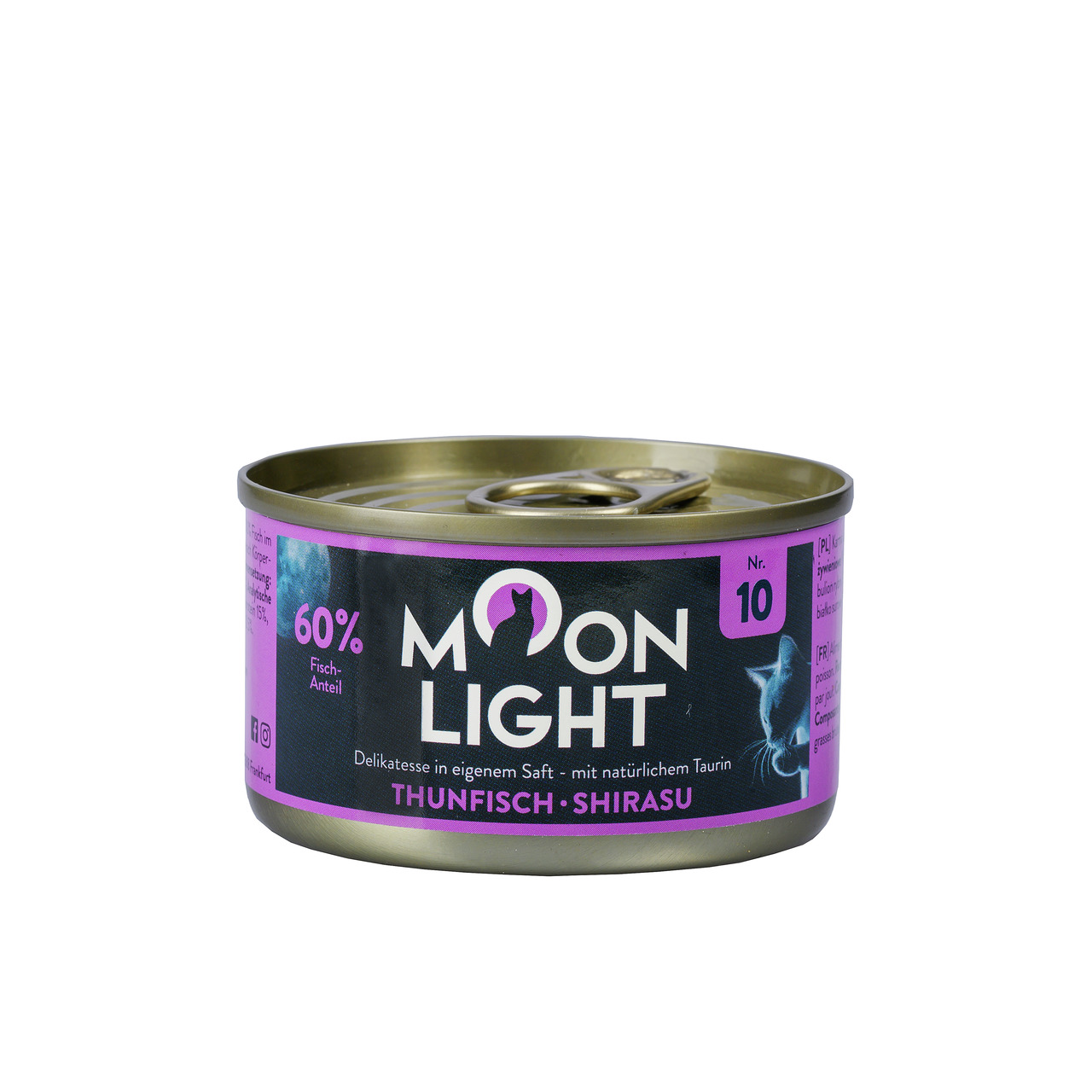 Das Bild zeigt eine Dose Katzenfutter der Marke Moonlight Dinner mit der Geschmacksrichtung Thunfisch und Shirasu. Die Dose enthält 60 % Fischanteil und ist eine Delikatesse in eigenem Saft mit natürlichem Taurin. Sie richtet sich an Katzen als Zielgruppe
