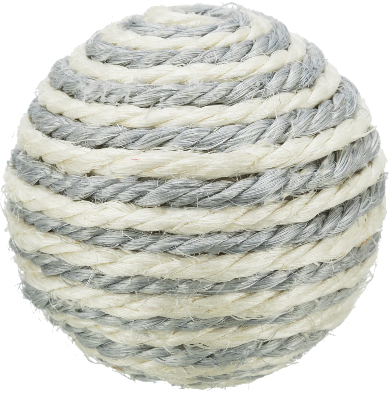 Ein rundes Katzenspielzeug der Marke TRIXIE, bestehend aus einer robusten, zweifarbigen Sisalschnur in Grau und Beige. Der Ball ist speziell für Katzen entwickelt, um deren Spieltrieb zu fördern und die Krallenpflege zu unterstützen. Ideal für aktive Stub