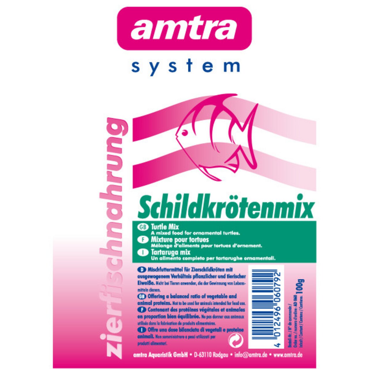 Das Bild zeigt das Produkt "amtra Schildkrötenmix", ein Mischfuttermittel für Zierschildkröten. Die Verpackung ist in Rosa, Weiß und Grün gestaltet und enthält ein Fischsymbol. Es handelt sich um ein ausgewogenes Futter mit pflanzlichen und tierischen Pro