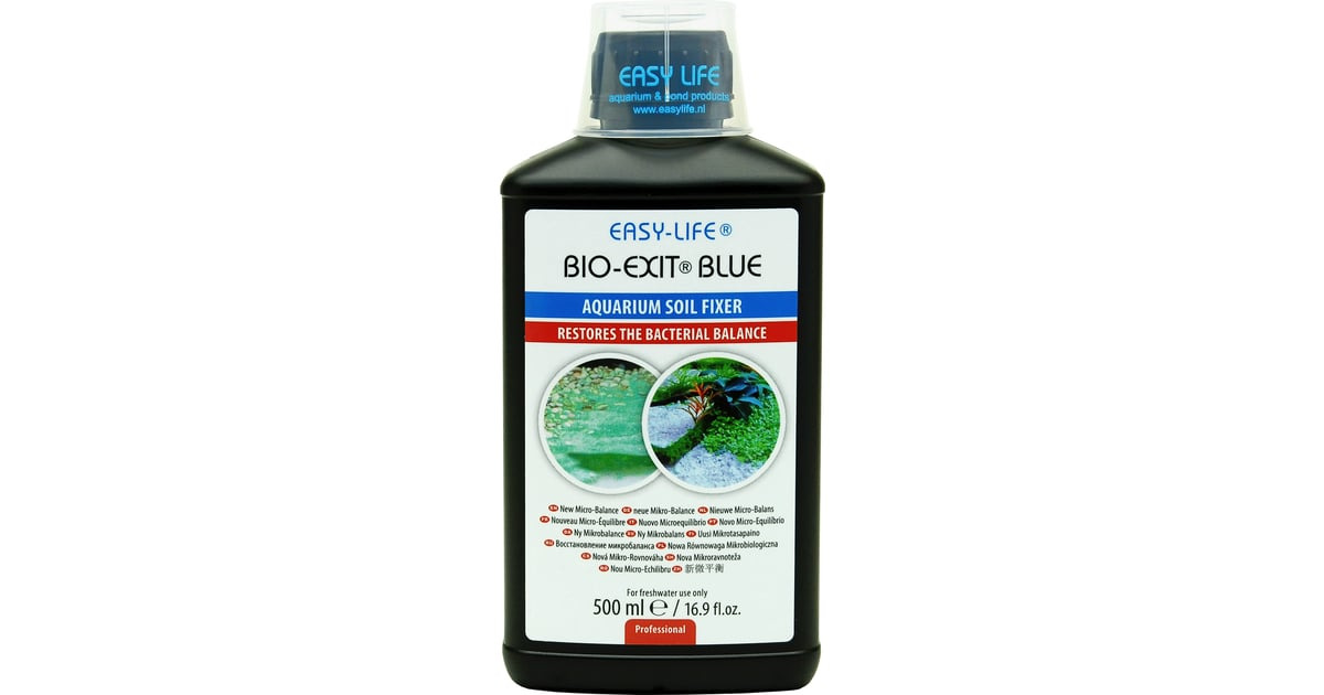 Das Bild zeigt eine schwarze Flasche des Produkts „Easy-Life Bio-Exit Blue“ mit einem Fassungsvermögen von 500 ml. Es handelt sich um einen Aquarium Soil Fixer, der das bakterielle Gleichgewicht im Aquarium wiederherstellt. Die Zielgruppe sind Aquarienbes