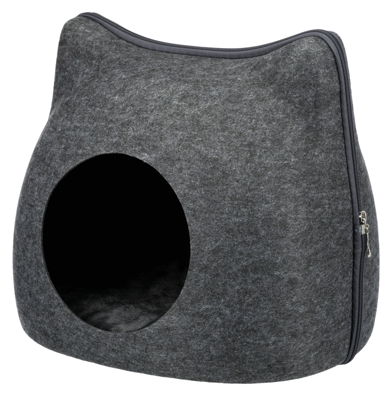 Graues Katzenhaus aus Filz von TRIXIE, Modell „Nelli“, geeignet für Katzen. Das Haus hat eine runde Öffnung und bietet einen gemütlichen Rückzugsort. Es ist faltbar und mit einem Reißverschluss ausgestattet. Perfekt für Katzen, die einen ruhigen und gesch