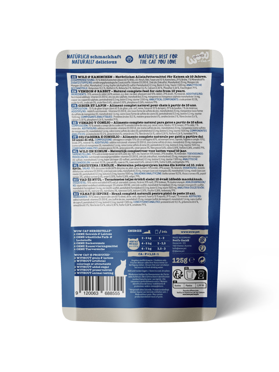 WOW CAT Katzenfutter, ab 10 J., Wild & Kaninchen, 125 g, getreidefrei, laktosefrei, ohne künstl. Farb- & Konservierungsstoffe.