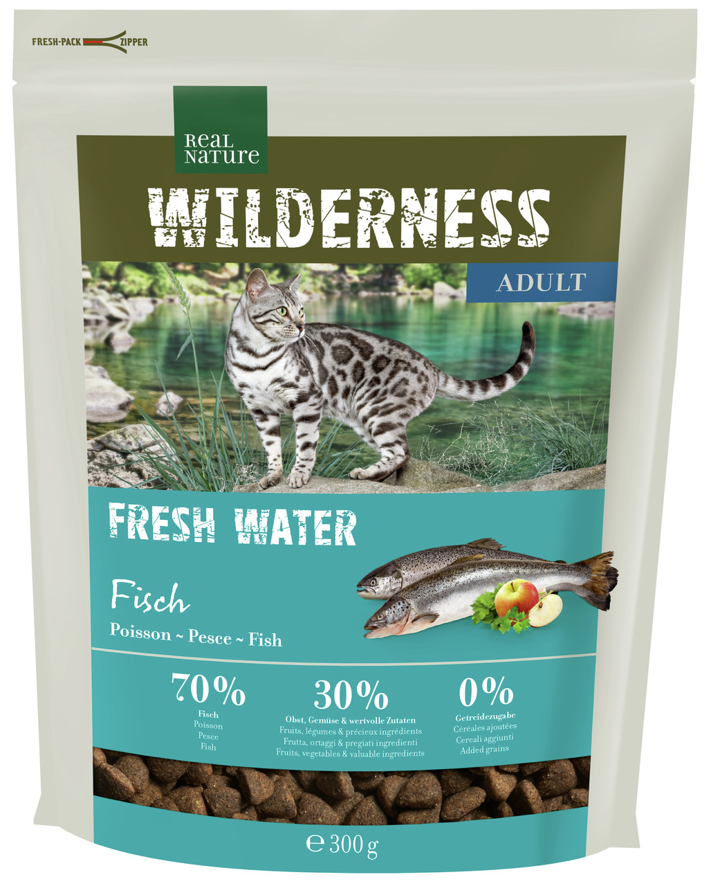 REAL NATURE WILDERNESS Fresh Water Adult, Fisch, für ausgewachsene Katzen, 300 g, 70 % Fisch, 30 % Obst/Gemüse, 0 % Getreide.