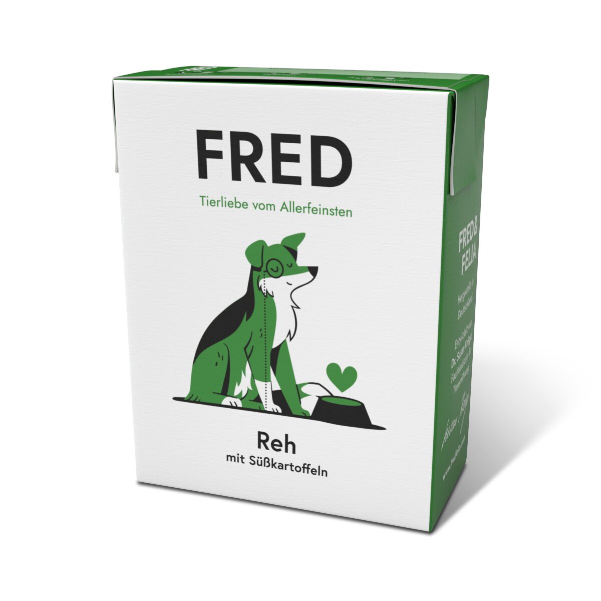 FRED Alleinfutter für Hunde, Reh mit Süßkartoffeln, Tierliebe vom Allerfeinsten, Verpackung mit Hundemotiv in Grün-Weiß