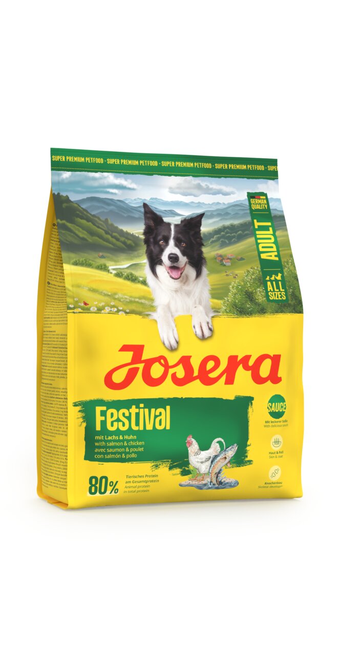 Trockenfutter für Hunde: Josera Festival, Geschmacksrichtung Lachs & Huhn, 80% tierisches Protein, Menge: nicht erkennbar.