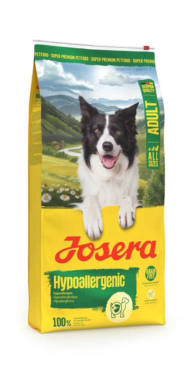 Josera Hypoallergenic Hundefutter für adulte Hunde, getreidefrei, unterstützt bei Allergien, 15 kg Packung.