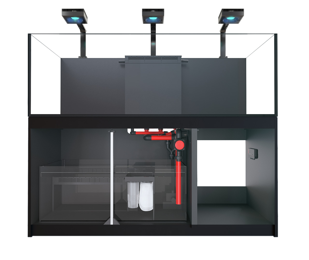 Das Bild zeigt das Red Sea Reefer G2+ 900, ein hochwertiges Aquarium-System für Meerwasserliebhaber. Es ist speziell für fortgeschrittene Aquarianer konzipiert und bietet eine integrierte Technik mit einem modernen Unterschrank. Sichtbar sind LED-Beleucht