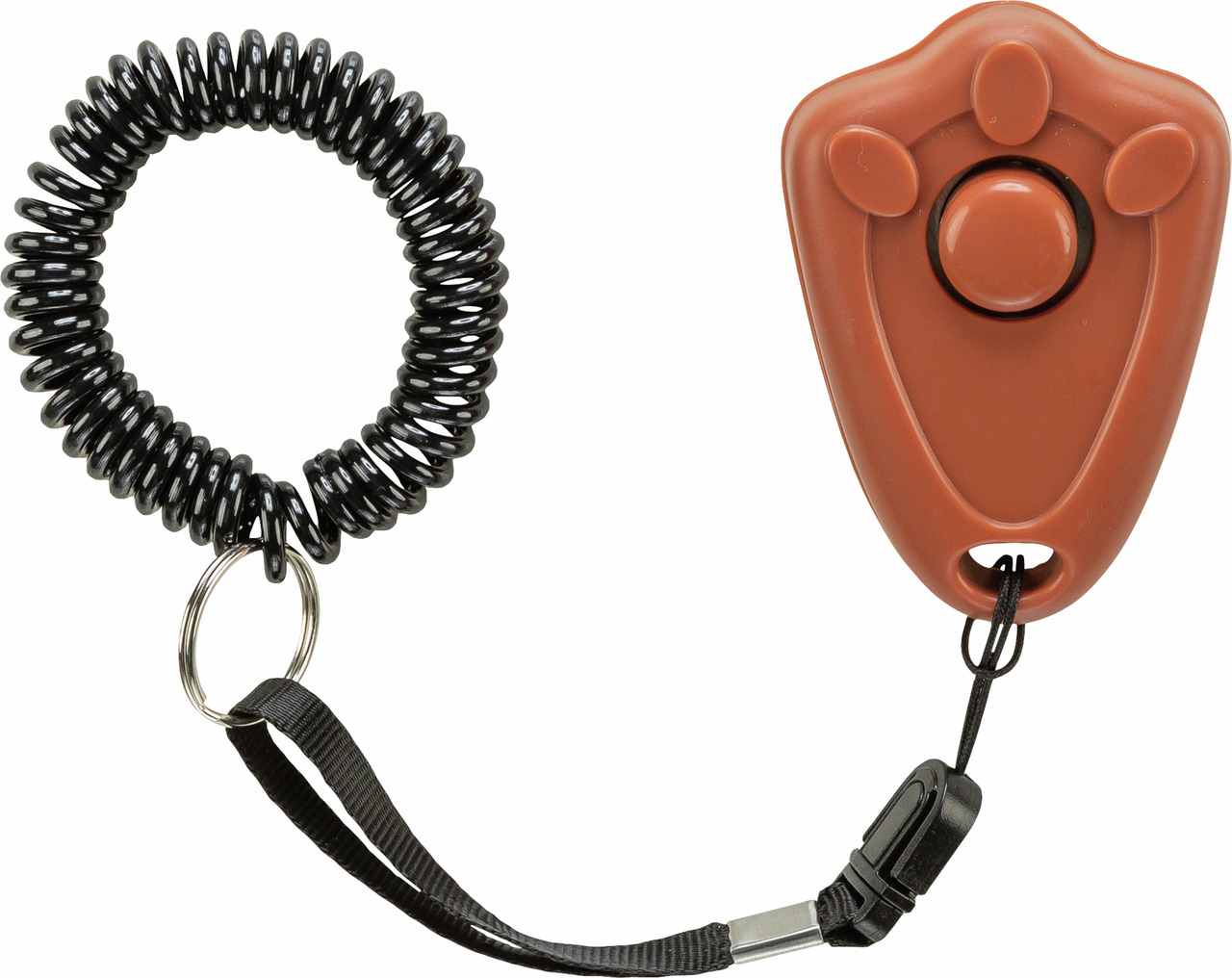 TRIXIE Clicker mit Spiralschlaufe, Trainingsgerät für Hunde, braun, pfotenförmige Oberfläche, ideal für effektives Training.