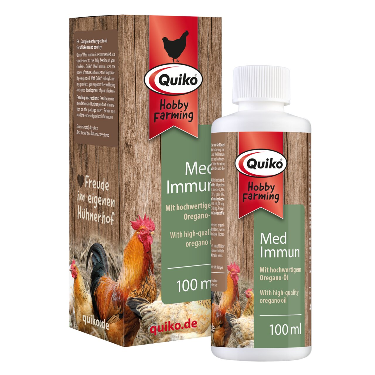 Das Bild zeigt das Produkt "Quiko Hobby Farming Med Immun", ein Ergänzungsfuttermittel für Hühner und Geflügel. Die Verpackung und Flasche enthalten 100 ml einer Mischung mit hochwertigem Oregano-Öl, das zur Unterstützung des Wohlbefindens und der Gesundh