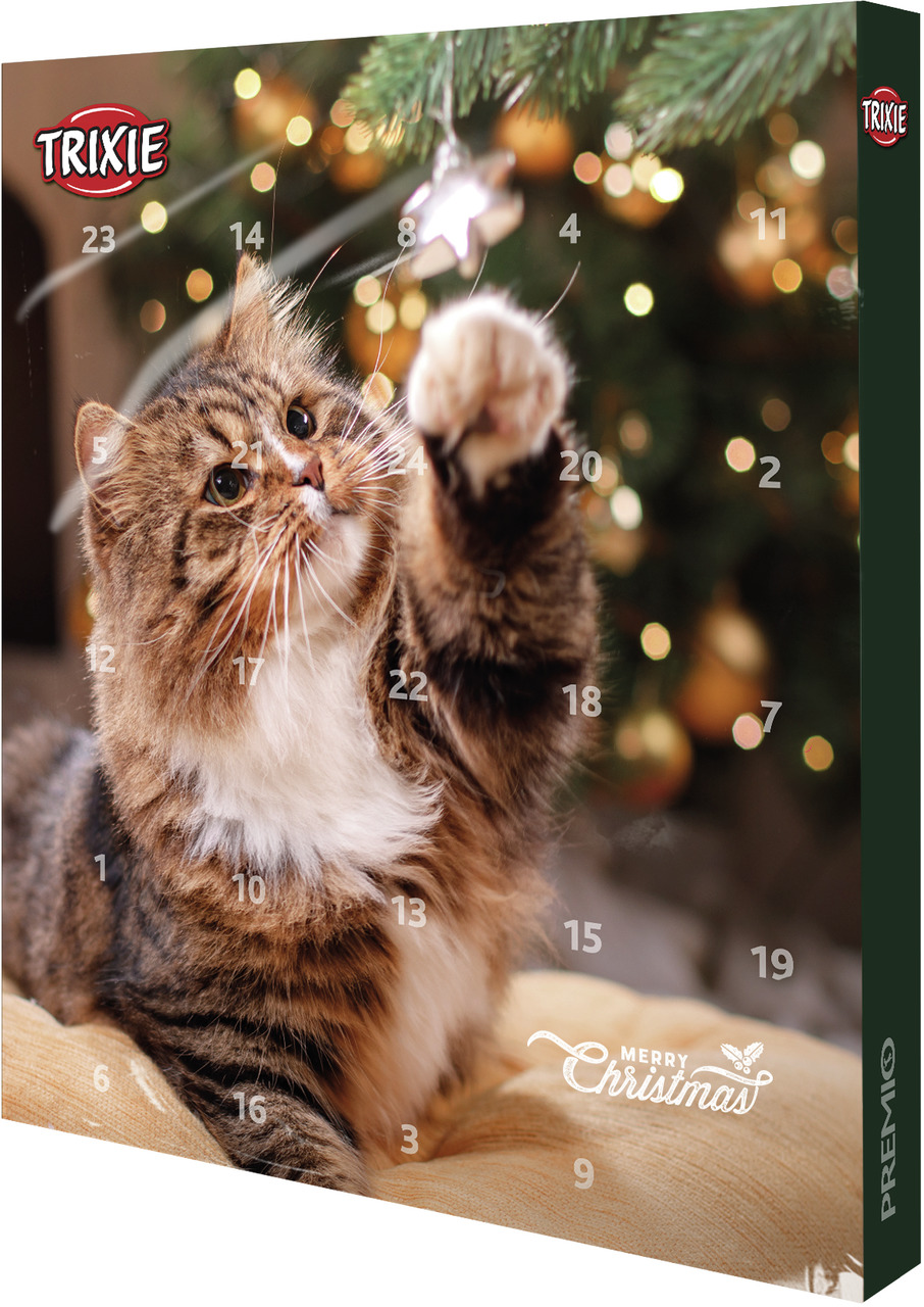 Das Bild zeigt den TRIXIE Adventskalender für Katzen, speziell für die Zielgruppe Katzenhalter. Der Kalender enthält 24 Türchen mit Snacks in verschiedenen Geschmacksrichtungen, ideal zur Weihnachtszeit. Im Vordergrund ist eine Katze, die spielerisch nach