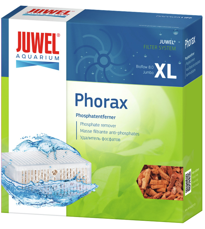 Das Bild zeigt die Verpackung des Produkts "JUWEL Phorax XL", einem Phosphatentferner für Aquarien. Die Zielgruppe sind Aquarienbesitzer, die Wasserqualität verbessern möchten. Die Verpackung zeigt das JUWEL-Logo, das Filtermaterial und die Menge XL. Geei